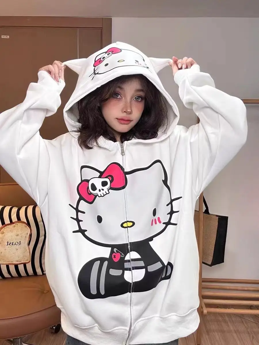 

Sanrio Hello Kitty Cute Anime Autumn Winter Hooded Hoodie Yk2 Aesthetic Black White Zip Up Jacket Coat Couple Grunge Top Girls