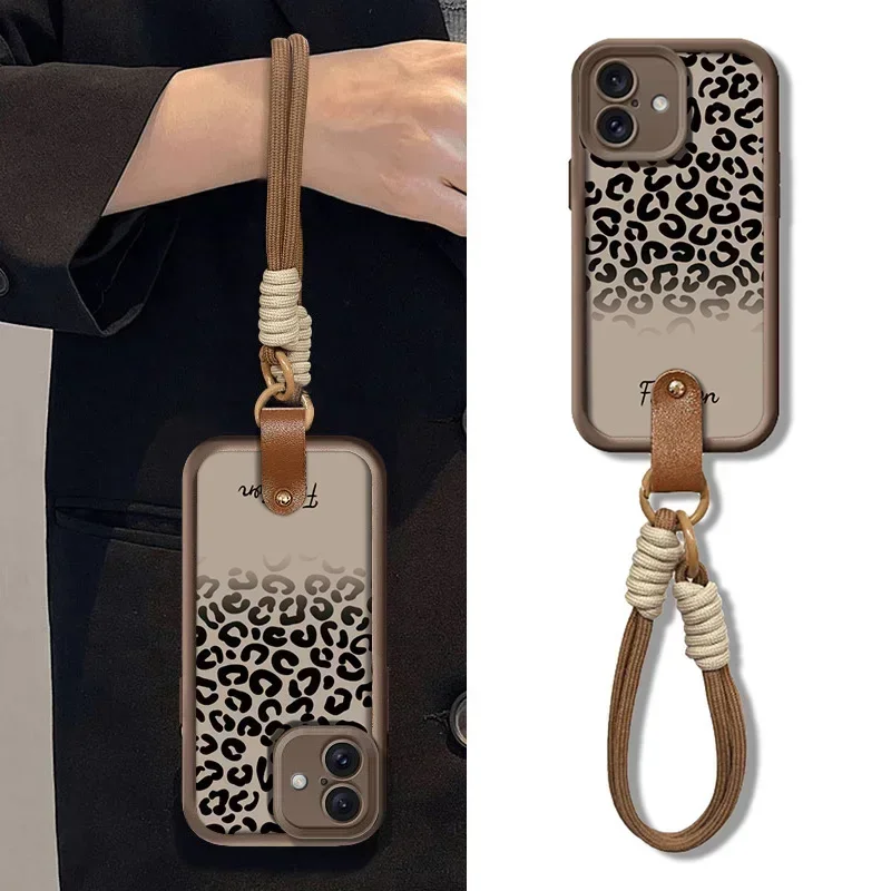 Leopard Print Wrist Chain Lanyard Phone Case with Soft TPU Cover