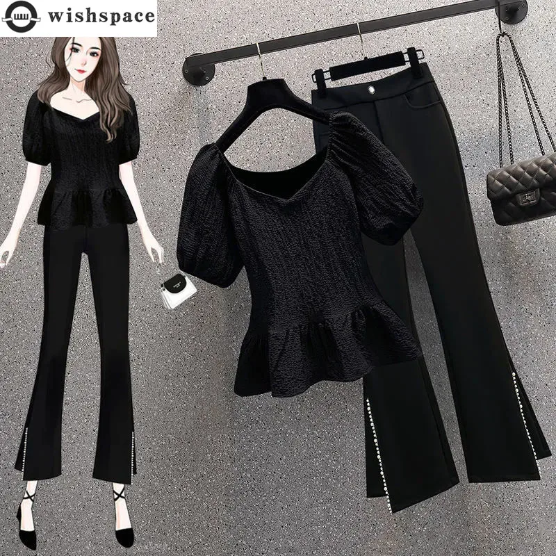 Summer New Korean Style Temperament Waist Closing Elegant Women's Pants Set Chiffon Shirt Top Trousers Two-piece Set Tracksuit