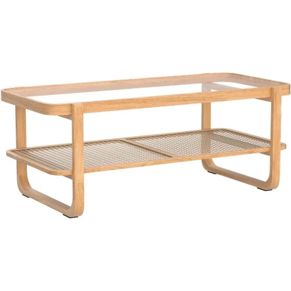 Rattan Coffee Table with Tempered Glass Top,Wood Coffee Table for Living Room,Glass Top Coffee Table with Imitation Rattan 5