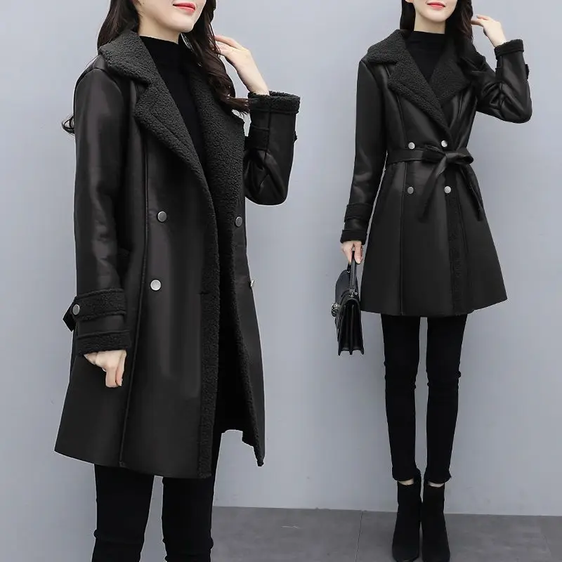2023 Winter New Women Fashion Large Size PU Leather Coat Female Long Velvet Lining Thicken Casual Outwear Solid Color Outcoat