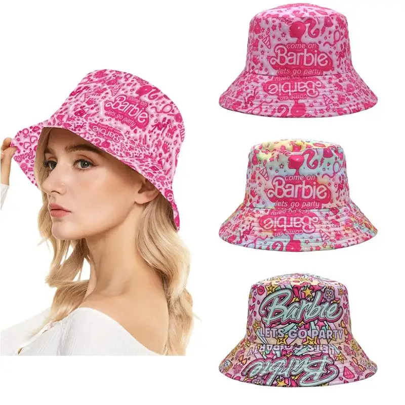 

New Cute 3D Printing Barbie Fisherman's Hat Cartoon Pink Caps Sweet Girl Kawaii Sunscreen Cap Casual Versatile Big Eaves Hat