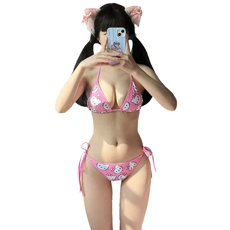 

Kawaii Sanrios сексуальный Игривый набор бикини Hellokittys для девочек, удобный, дышащий Быстросохнущий мультяшный Купальник для женщин