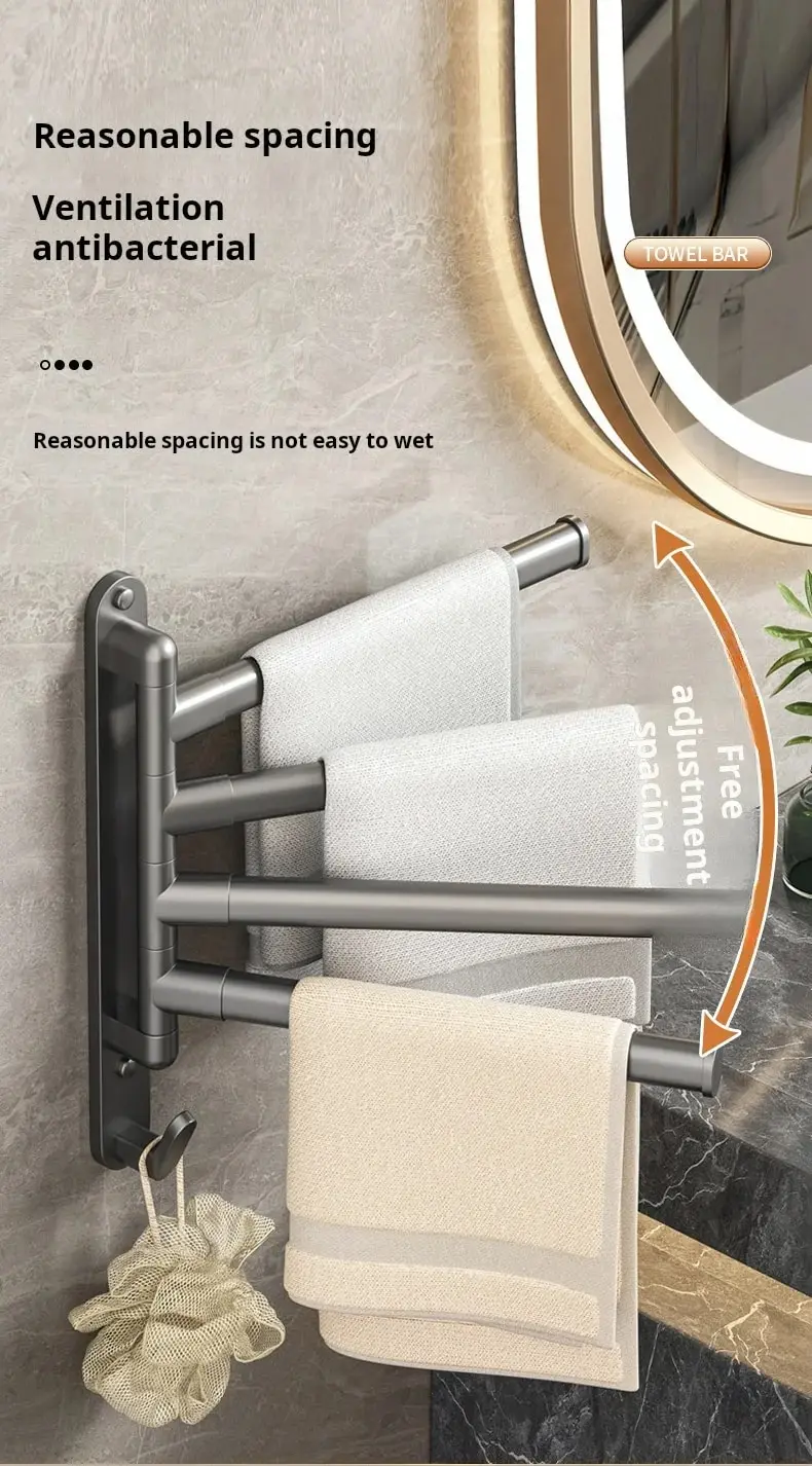 Description Picture 6 of item4 Tier Towel Bar Hole-free Installation Rotatable Multifunctional Bathroom Towel Storage & Organization Rack