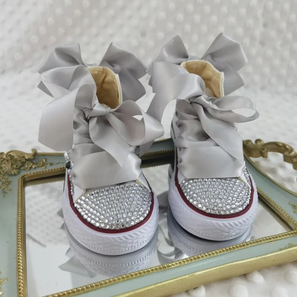 Customized Your Name Original Kid Canvas Shoes Sparkle Rhinestone cow Inspired Baby Girl Handmade Gift Crystal Flats Sneakers 3