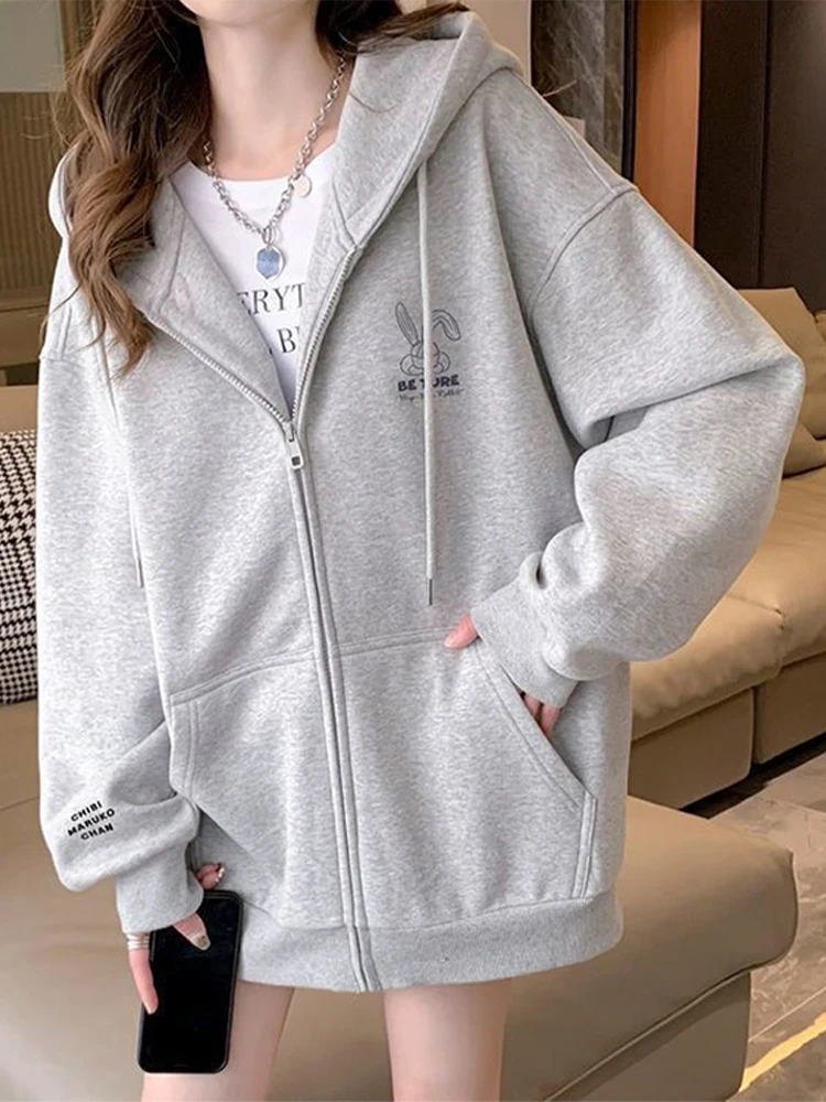 

Zipper Hoodie Solid Woman Coats Long Sleeve Thicken Loose Female Jacket 2024 Spring Fashion Causal Pocket Lady Overcoats