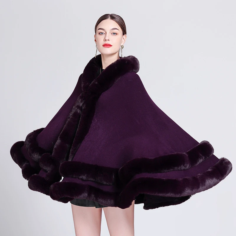 Double Layer Luxury Imitated Rex Rabbit Fur Cape Coat Hooded Shawl Winter Women Knit Poncho Overcoat Faux Fur Wraps Big images - 6