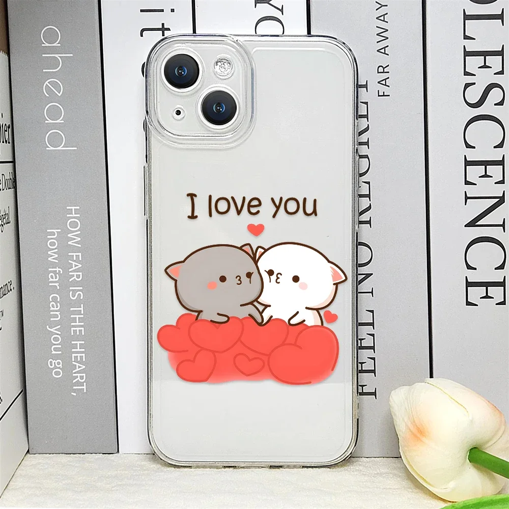 Cartoon Peach Mochi Cat Couple Transparent Soft Phone Case