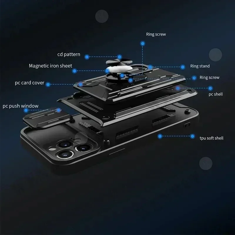 Phone Case For Redmi Note 14 13 12 Pro Xiaomi 14T Pro Poco X6 Slide Stand Ring 360 Magnetic Camera Military Grade Card Slot Cover