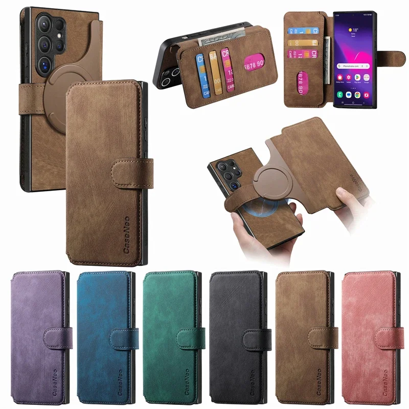 MagSafe Flip Leather Wallet Phone Case with Removable Magnetic Card Holder