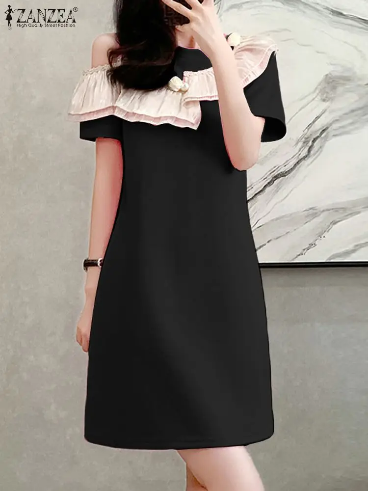 

ZANZEA Casual Holiday Vestidos Fashion Contrast Color Dress Summer Elegant Party Sundress Female Short Sleeve O-Neck Midi Robe