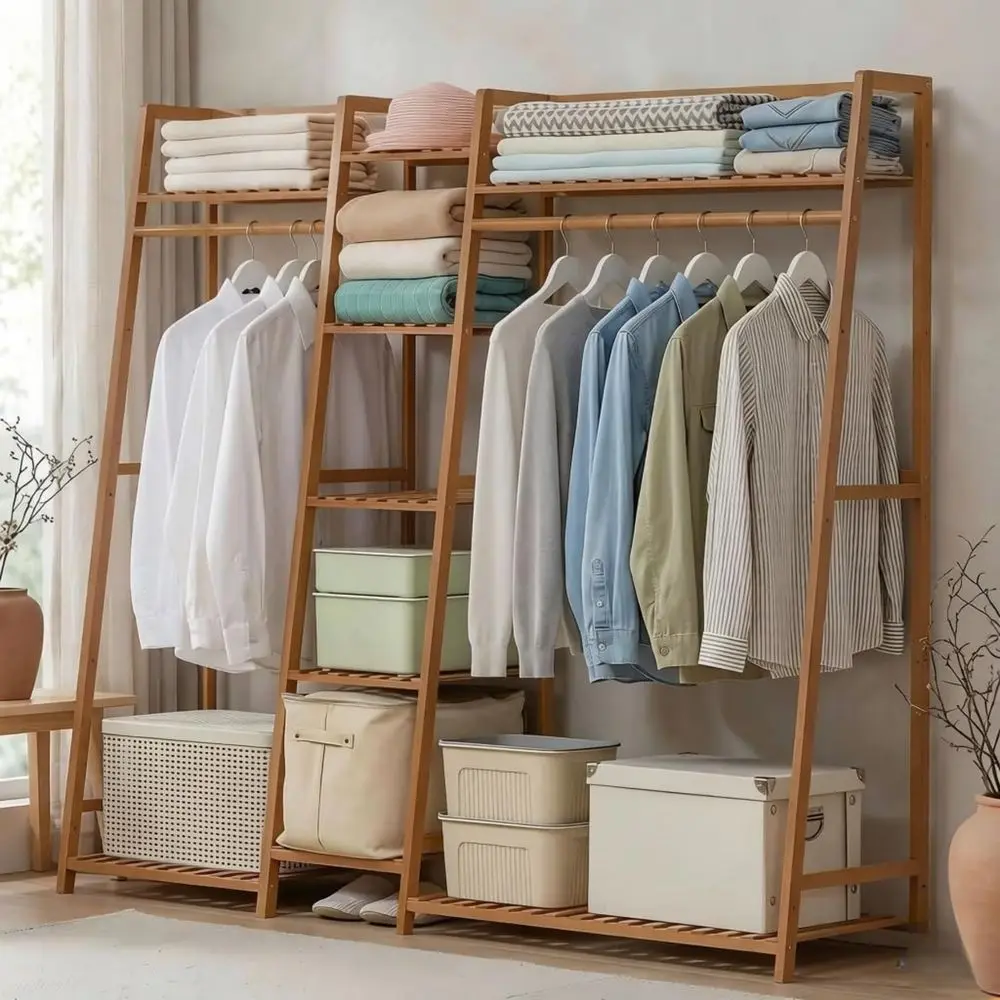 Armario de ropa de 5 niveles de madera, mueble organizador para ropa con estantes, ideal para abrigos, vestidos y zapatos