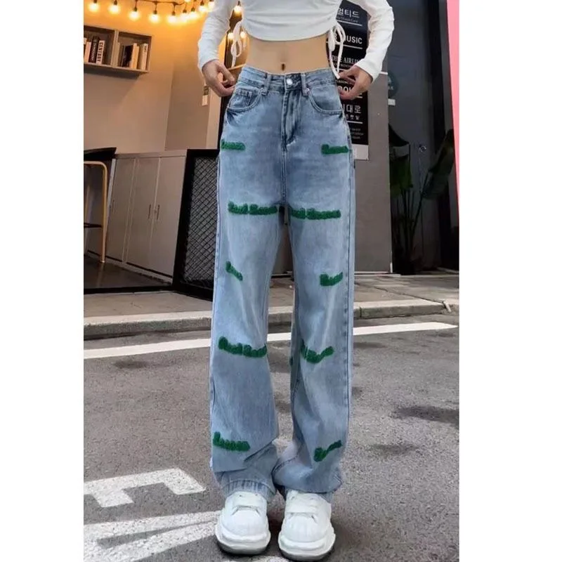 Embroidery Jeans for Women Loose Wide Leg Straight High Waist Trousers Spring Clothing