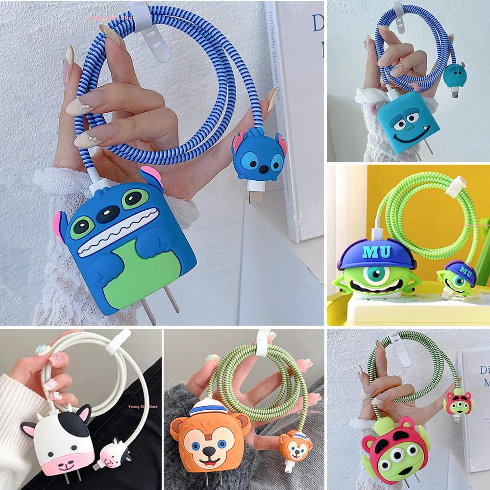 4Pcs Set Cable Protector for iPhone / iPad 18W/20W Fast Charger Case Cute 3D Cartoon Cable Management Phone Wire Cord Organizers
