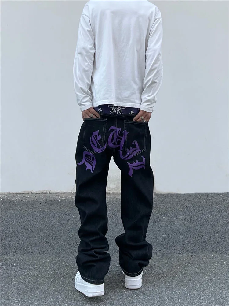 High Street Embroidery Letter Straight Tube Loose Black Jeans Male American Hip Hop Hiphop Retro All Match Pants Tide