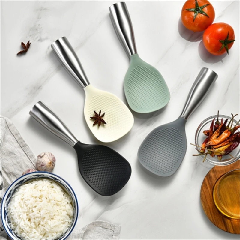 304 Stainless Steel Handle Rice Spoon Non-stick Silicone Serving Soup Scoop Dish Scrapers Kitchen Tools Heat Resistant