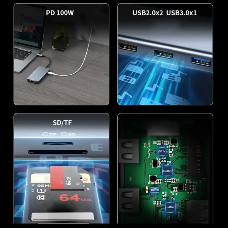 노트북 D2RC용 HDTV 4K 100WPD 충전 카드 리더기가 포함된 USB C 허브 1개에 8개