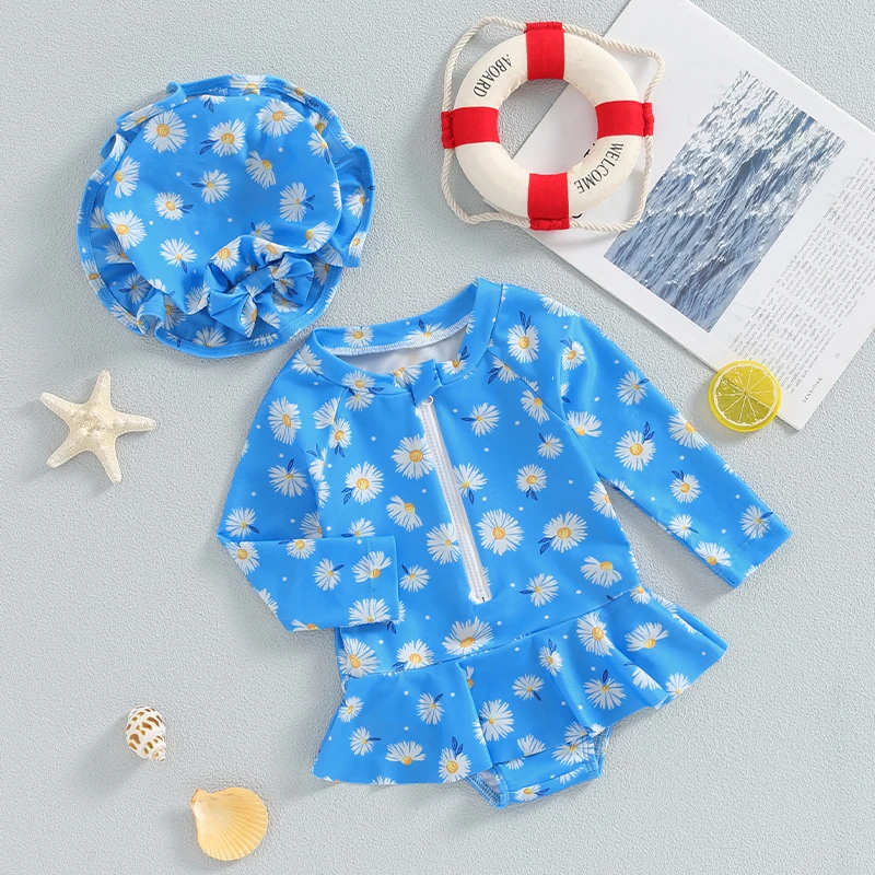 

Infant Baby Girl Swimsuit Floral Print Toddler Long Sleeve Rash Guard Bathing Suit with Hat