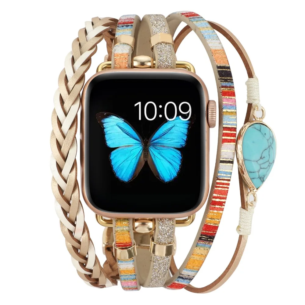Leather Strap for Apple Watch band 45mm 41mm 44mm 40mm 42mm 38mm 49mm Jewelry Metal Wristband iWatch Series Ultra 9 8 7 6 5 3 SE