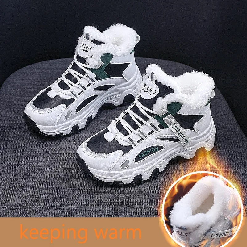

Зимние женские кроссовки 2022, модная обувь с коротким плюшем и хлопком, зимние сапоги на платформе, теплые женские сапоги, кожаная женская обувь
