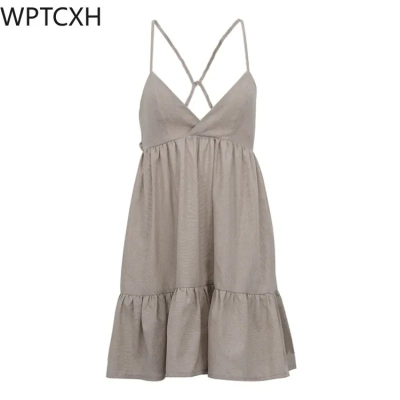 

2024 Early Spring Europe and The United States Ins Style New Retro A-line Slip Dress Sexy Spice Pleated Cotton Hemp V-neck Dress