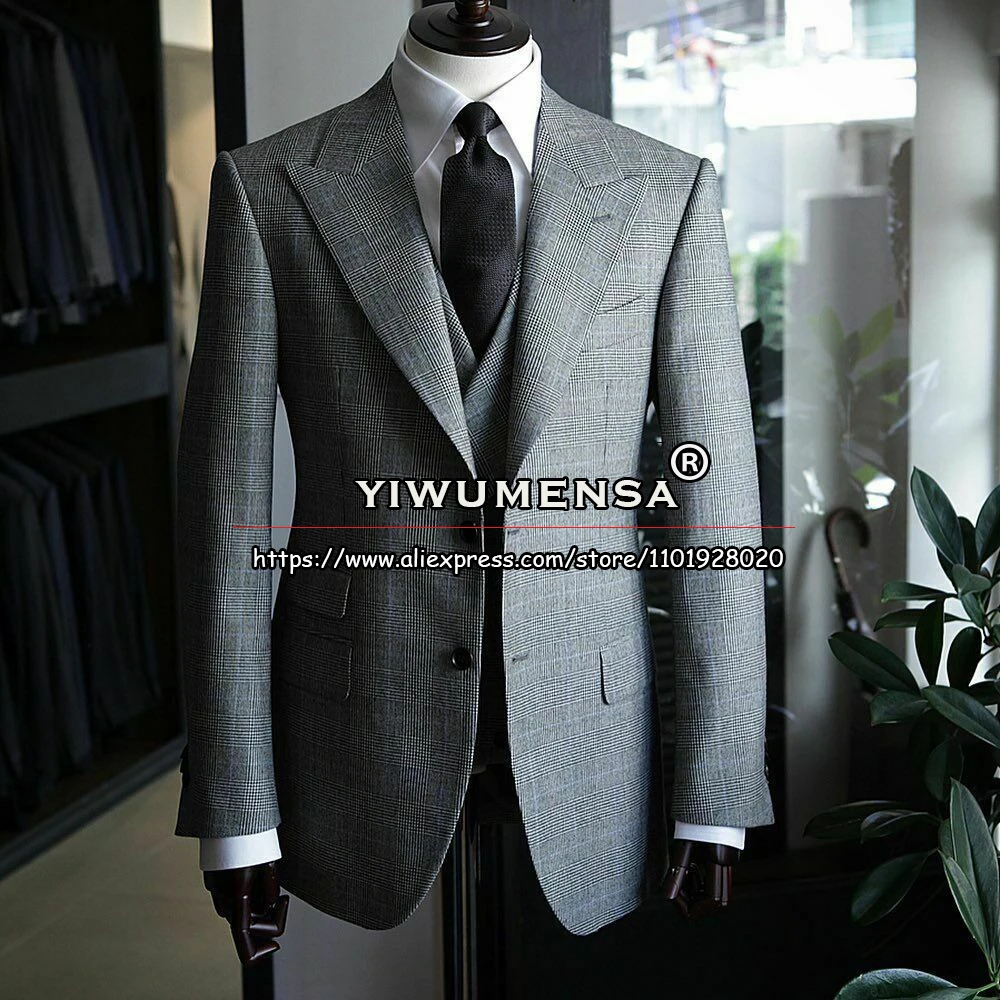 

Businesss Men's Suits Grey Plaid Check Blazer Vest Pants 3 Pieces Formal Party Banquet Groom Wear Wedding Tuxedo Tailore-Made