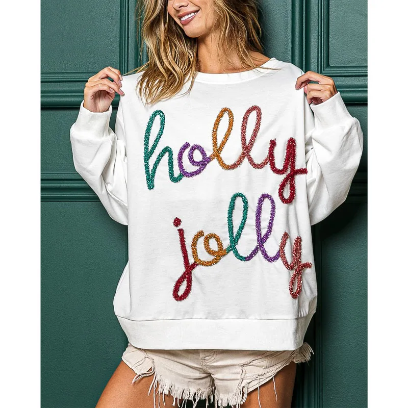 

2023 Winter New Women's Letter Round Neck Long Sleeve Christmas Hoodie Christmas Sequined Letter Hoodie for Women Oversized Y2k