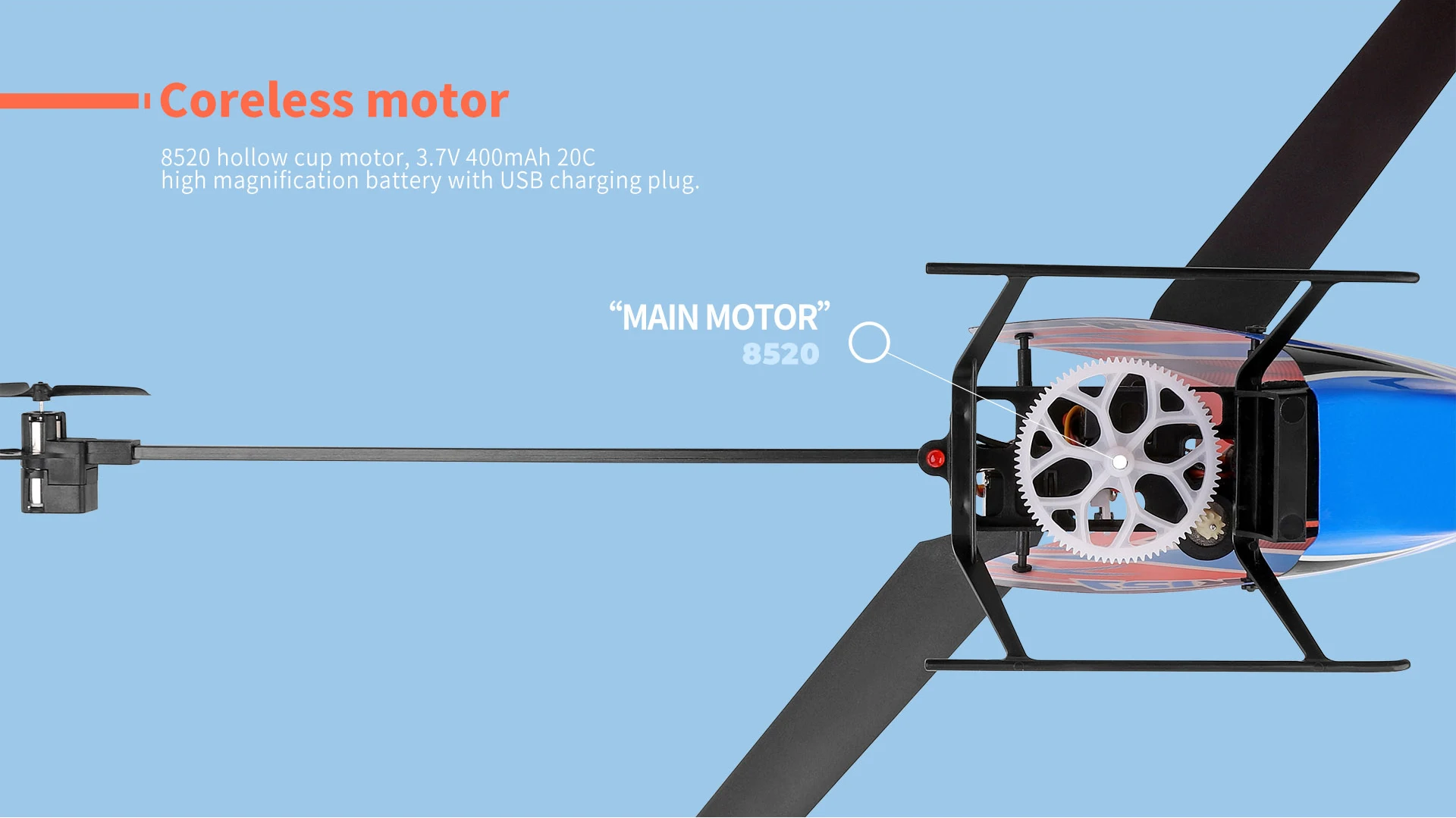 WLtoys K127 RC Helicopter, Coreless motor 8520 hollow motor; 3.7V 400mAh 20C high 'hal