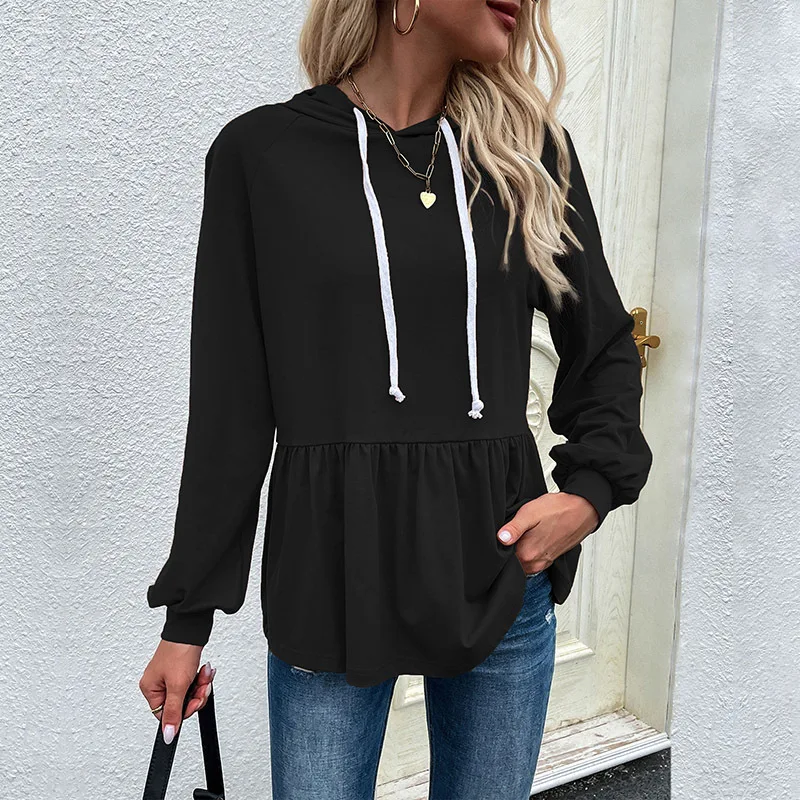 Women's Hooded Drawstring Sweatshirt Monochromatic Comfortable Casual Design Sense Vintage Clothes Streetwear