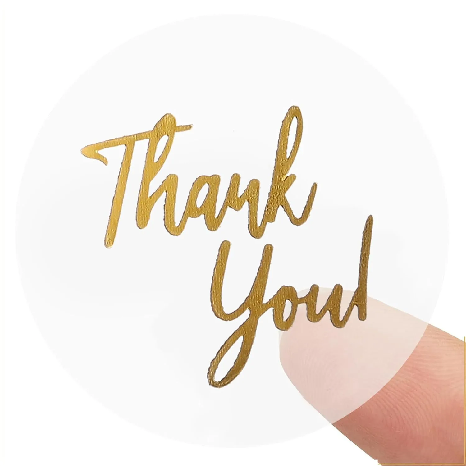Roll of gold foil thank you stickers on clear backing