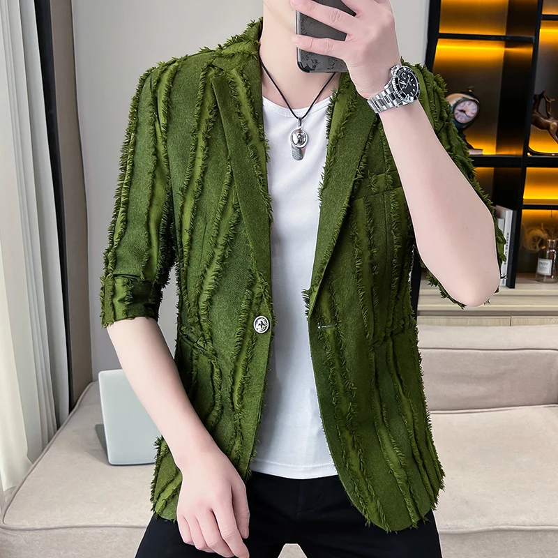 

Fashion 2023 Summer Men's Mid Sleeve Design Tassel Suit Blazer Hip Hop Streetwear Solid Color Slim Coats Youth Thin Top Clothing