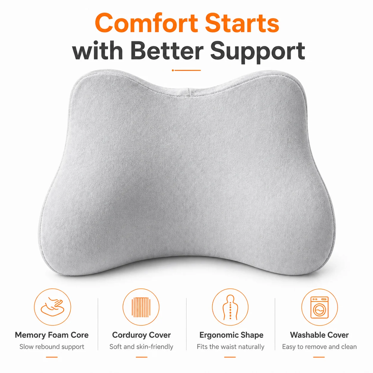 Ergonomic Memory Foam Back Support Cushion - Washable, Slow Rebound Pillow in Gray/Pink for Enhanced Comfort