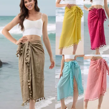 Women's Sexy Sheer Tassel Trim Knot Side Bikini Cover Ups Beachwear Sarongs Beach Wrap Quick-drying Chiffon Bikini Cover-Ups 1