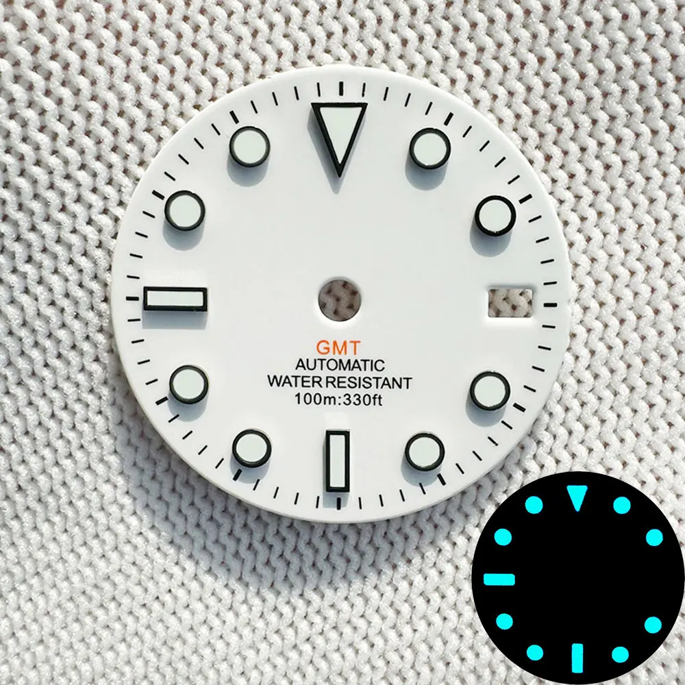 Blue Green Luminous GMT Watch Dial with Date Window - Gloss Finish, 28.5mm