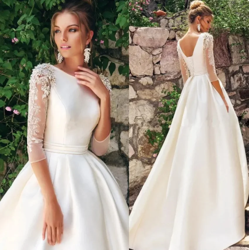 Korálkování o-neck elegantní vestido de noiva zametat móda nášivky svatební gowns šněrovací polovina rukávy satén svatební šaty 2024