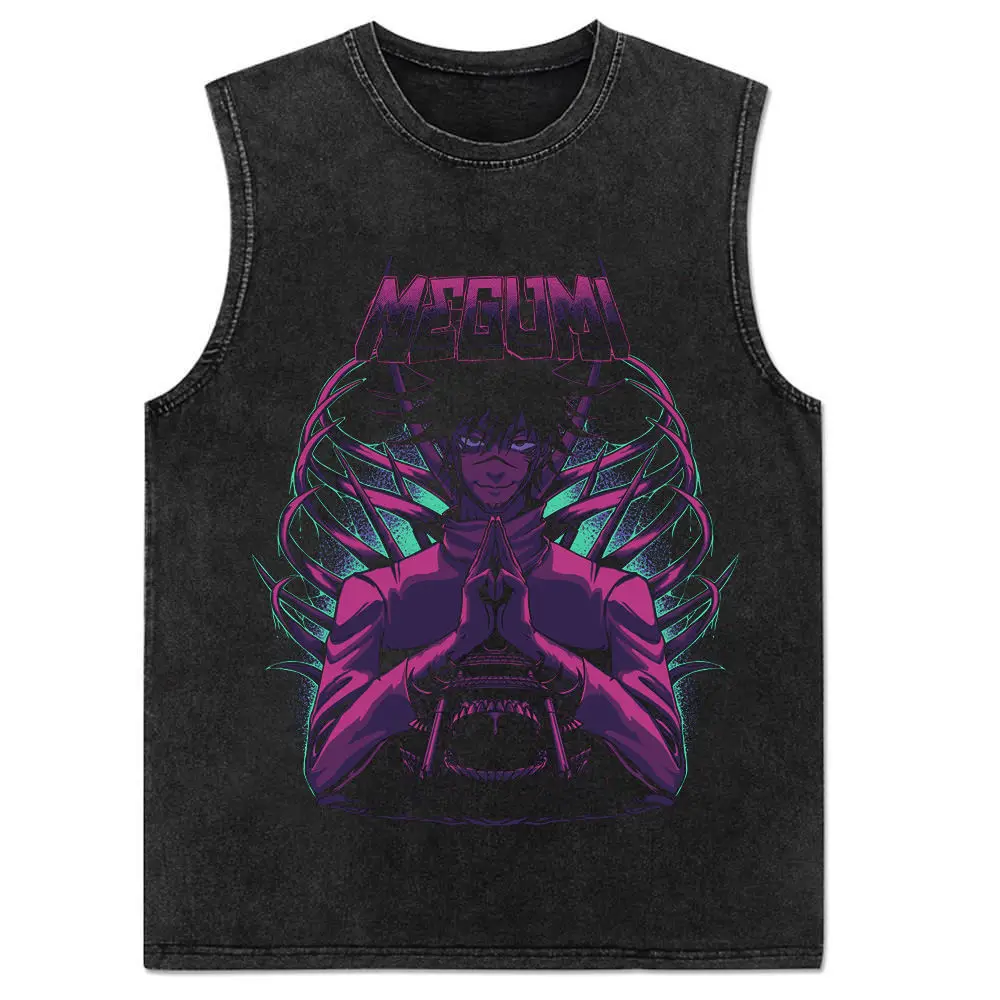2024 New Vest Summer, Spell Back To War, Anime Printed Cotton Vest Men's Washed Retro Sleeveless T-shirt Ins