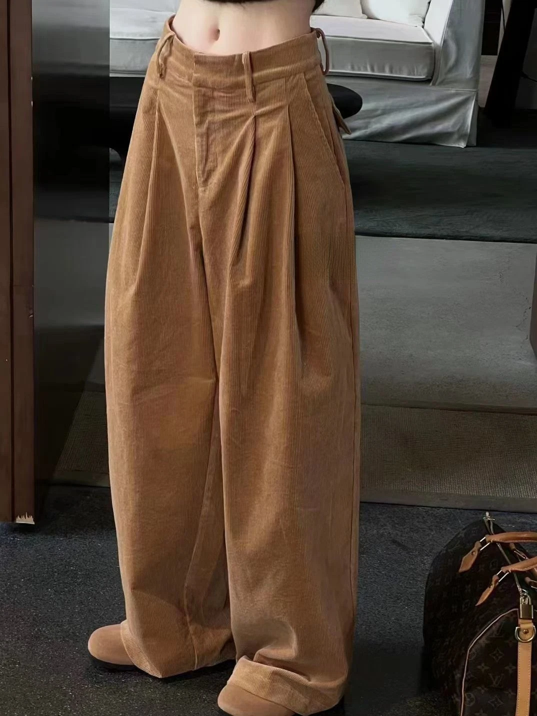 Autumn and summer Korean corduroy wide leg pants  women Fashion y2k loose retro personality simple solid color straight pants