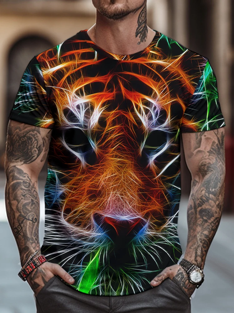 

Fluorescent Tiger 3D Digital Printing Short -sleeved T -shirt Top Summer Outdoor Loose Sports Leisure Men's Round Neck T -shirt