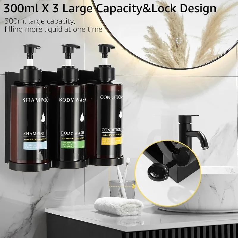 ชุดจ่ายสบู่ติดผนังแบบไม่ต้องเจาะ 300 มล.*3 สำหรับแชมพู เจลอาบน้ำ สบู่เหลว ป้องกันการรั่วซึม สำหรับใช้ในห้องน้ำ โรงแรม ​ 1