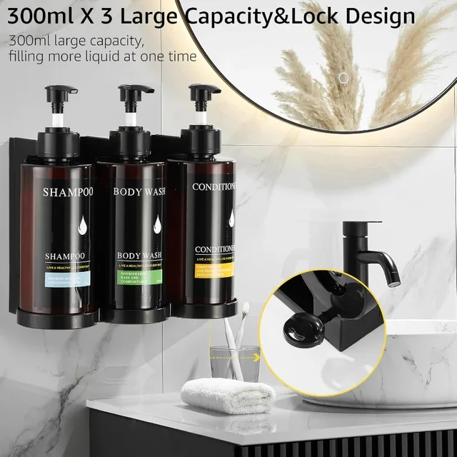 ชุดจ่ายสบู่ติดผนังแบบไม่ต้องเจาะ 300 มล.*3 สำหรับแชมพู เจลอาบน้ำ สบู่เหลว ป้องกันการรั่วซึม สำหรับใช้ในห้องน้ำ โรงแรม ​ 1