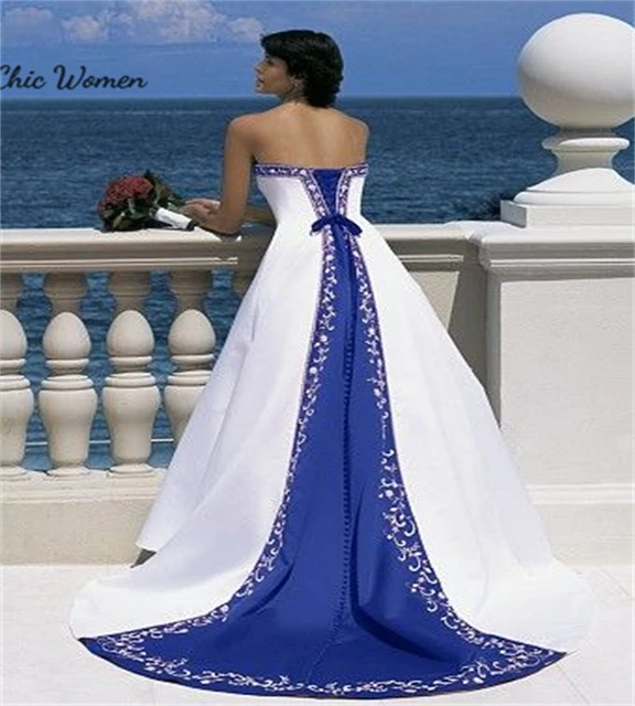 royal blue and white wedding dress