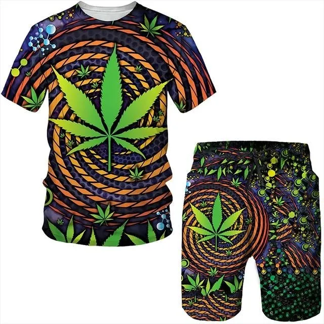 Summer New Colorful Maple Leaf Hooded Sweatshirts 3D Printed Short sleeve T-shirt Tracksuit Suit Men Casual Men Two-piece suit
