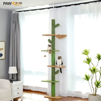 Cat Tree 5-Tier Floor to Ceiling Cat Tower Cactus Tall Climbing Tree with Scratching Post Hammock Dangling Ball for Indoor Cats 1