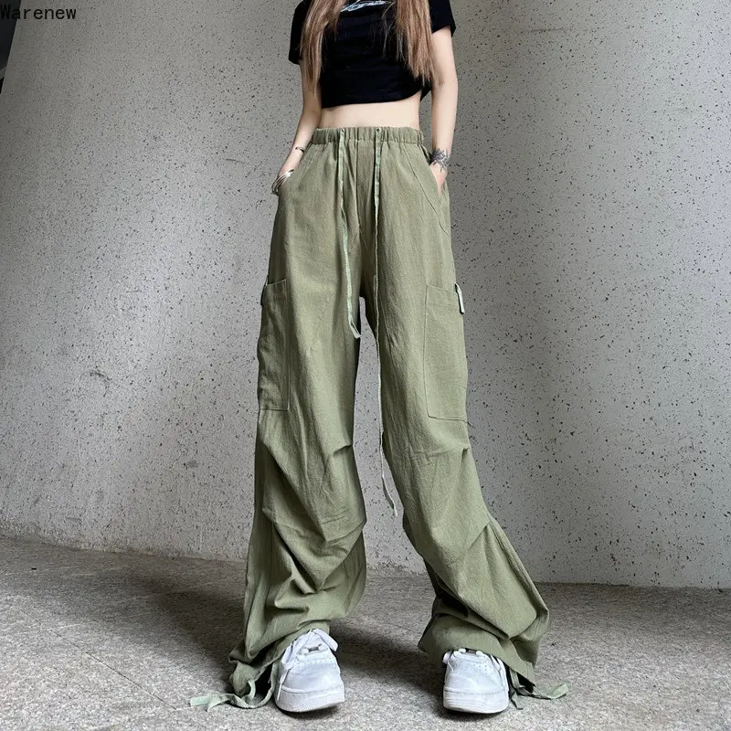 

American Retro High Street Casual Overall Green Loose Wide Leg Pants Women Hip-hop Straight Y2k Drawstring Cargo Grunge Trousers