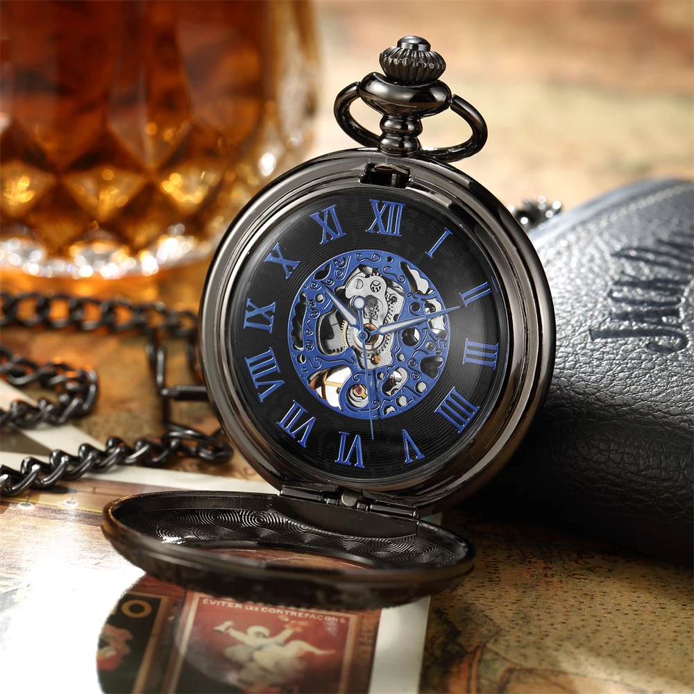 빈티지 청동 스켈레톤 기계식 포켓 시계, 고급스러운 꽃무늬가 새겨진 앤틱 포브 시계(체인 포함), 남녀공용