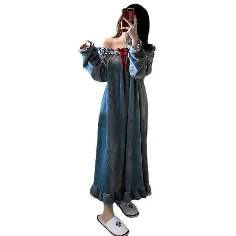 

Home 2023 Nightgown Fleece Womens One Night Piece Korean Bow Wear Sleeve Long Pajamas Sleepwear Dress Ruffles Neck Slash Winter