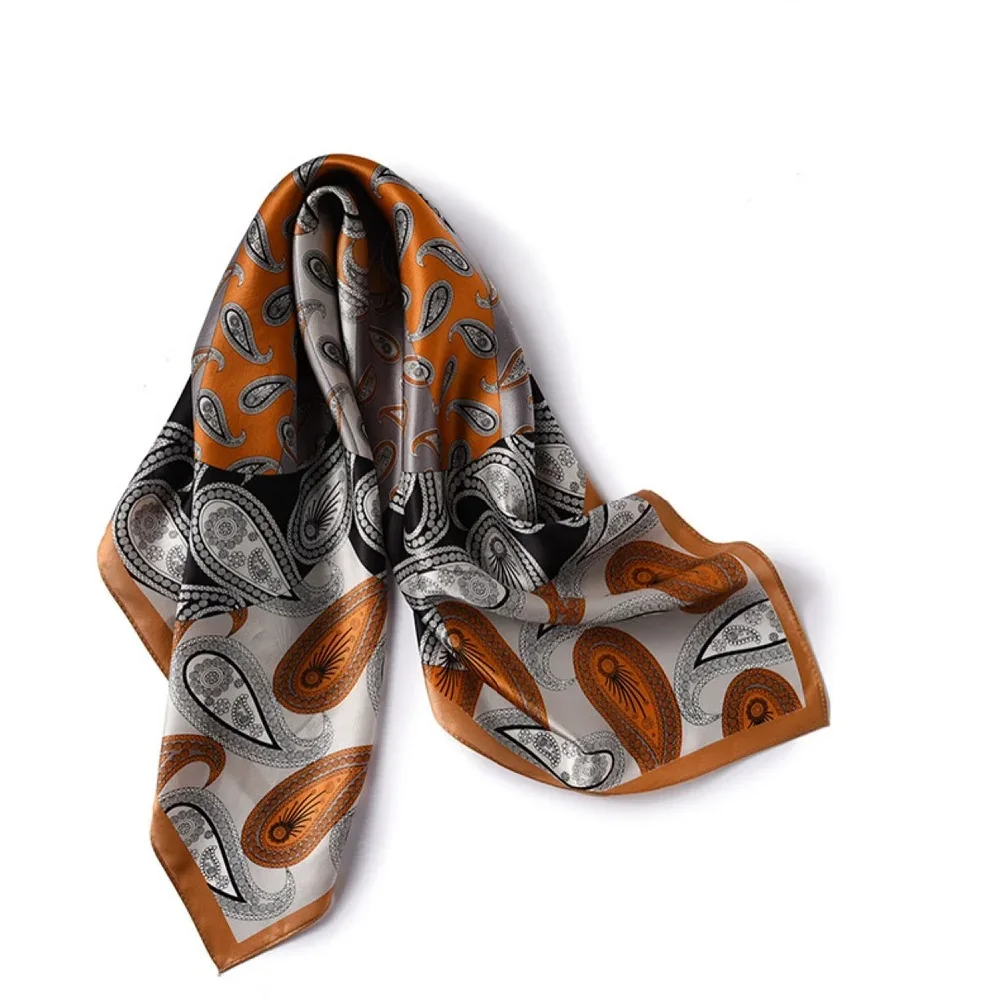 Women's 100 Silk Scarf Paisley Square Shawl Hair Wraps Neckerchief Beach Sunscreen Cape Orange Yellow women s 100 silk paisley scarf square shawl hair wraps neckerchief yellow grey