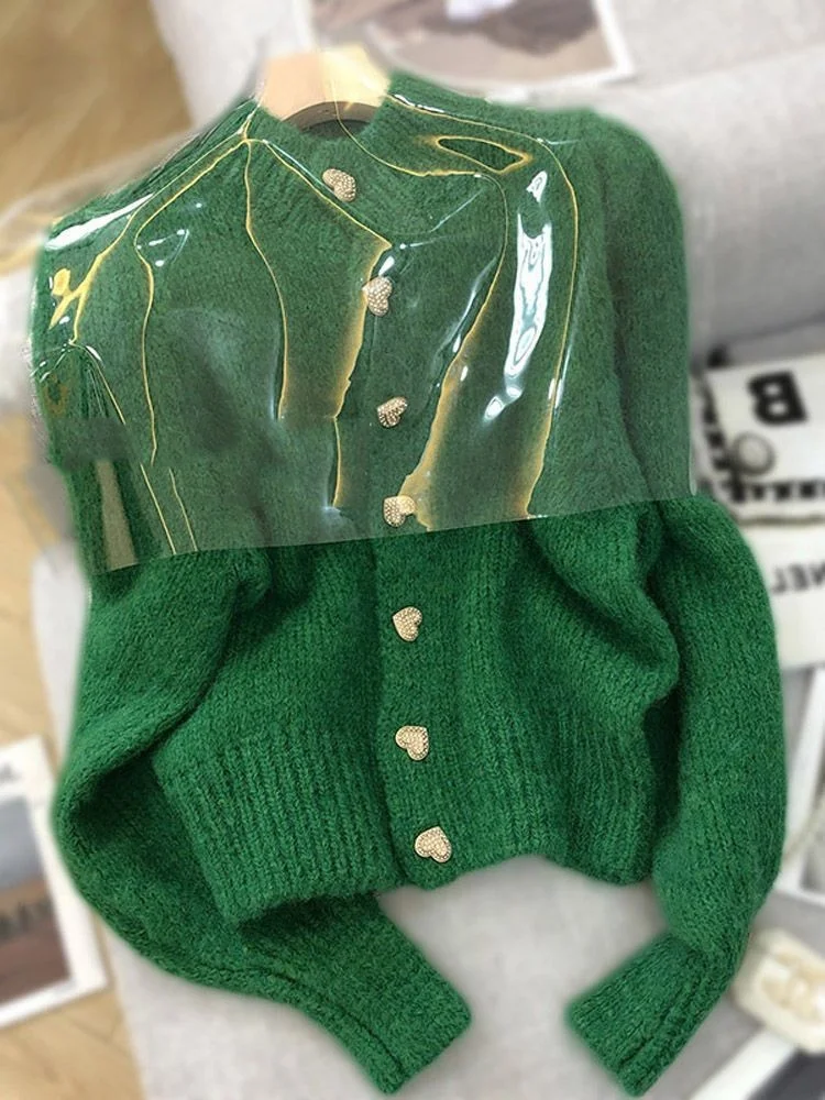 

Green Knitted Sweaters Autumn Half High Collar Sweet Casual Korean Fashion Winter New Casual Jacket