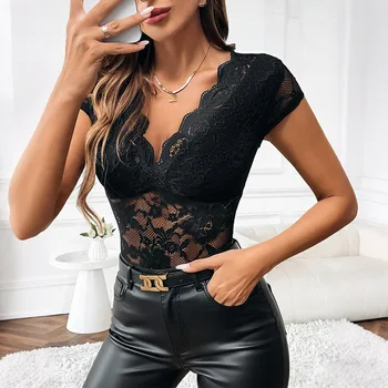 Chic Summer Bodysuits Tops Female Sexy High Waist Slim Fit Lace Splicing Women V-Neck Small Fly Sleeves Black Onesie Y2K