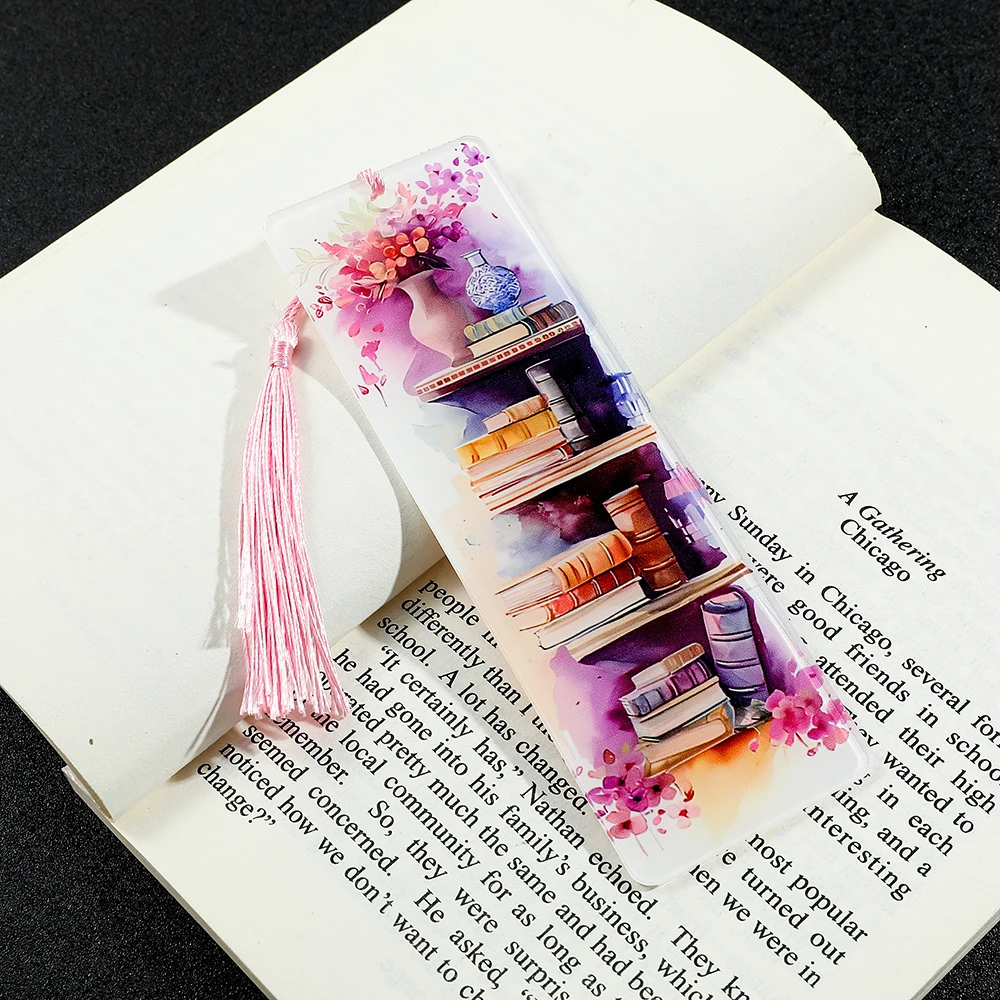 1pcs Bookcase & Vase Bookmarks Art Acrylic with Tassel Reading Marker for Book Lovers Bookworms Men Women, bookmarks stationery supplies, bookmark holder, acrylic bookmark